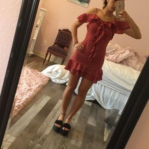 frilly whit polka dotted red dress